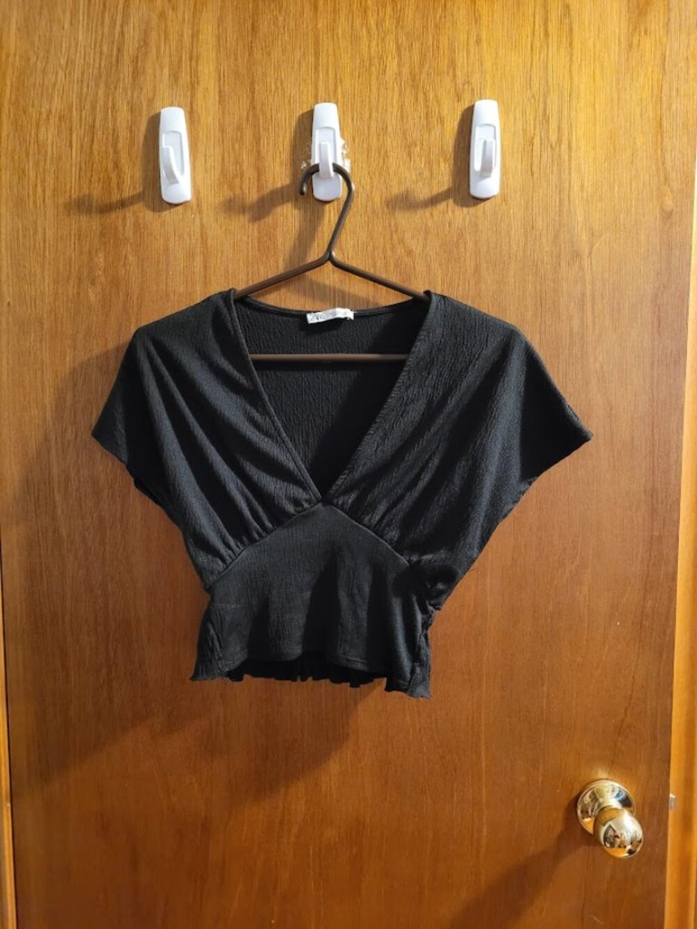 Zara Black Smocked Waist V Neck Crop Top Women's Size S